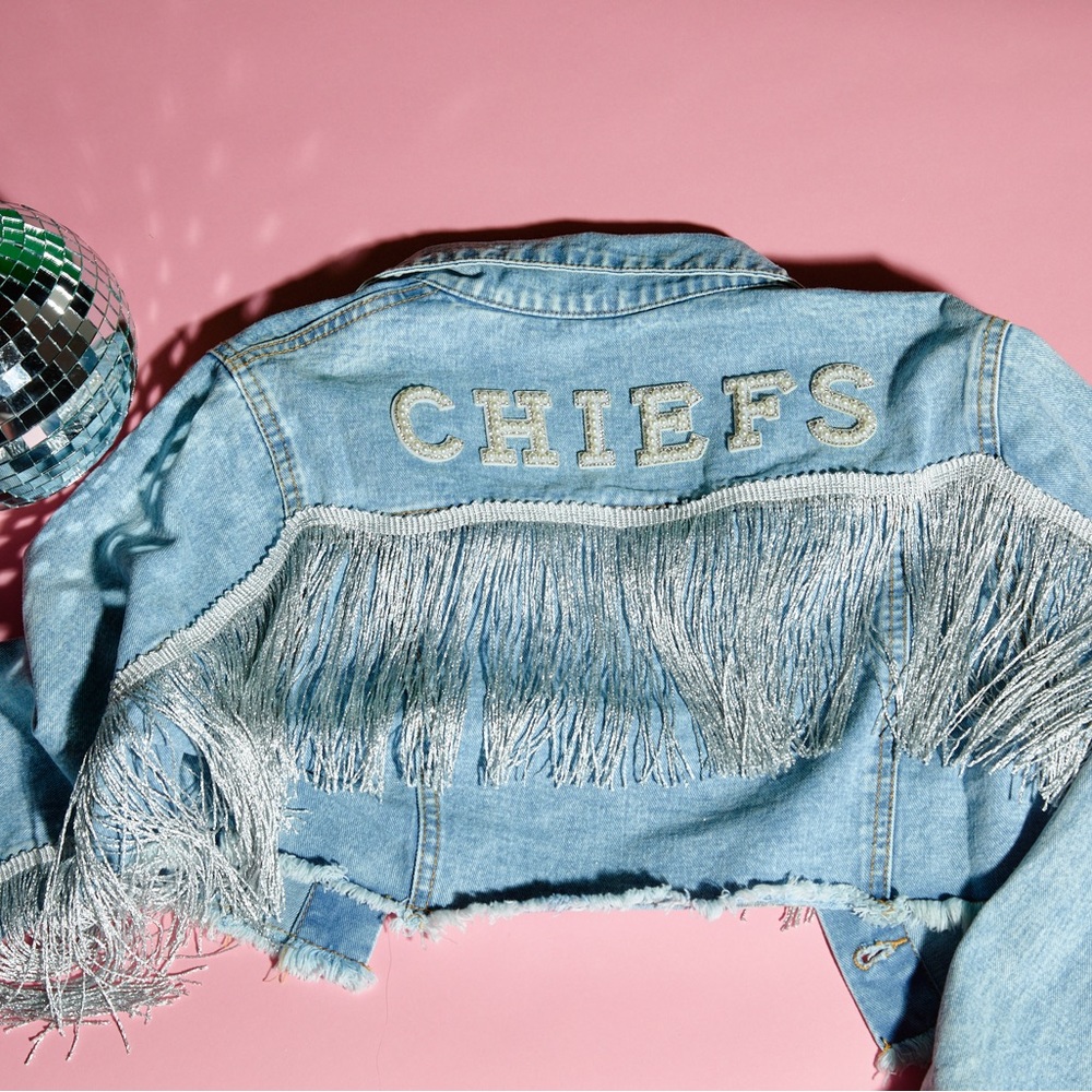 Custom denim pearl and rhinestone fringe denim jacket in Blue Denim